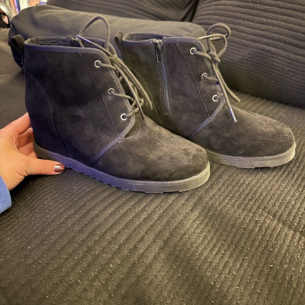 Chic Black Suede Lace-Up Wedge Boots
